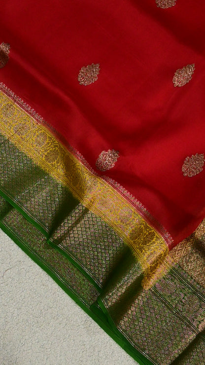 Handwoven Crimson Red Pure Kora Silk Banarasi Saree with Contrasting yellow and Green Border