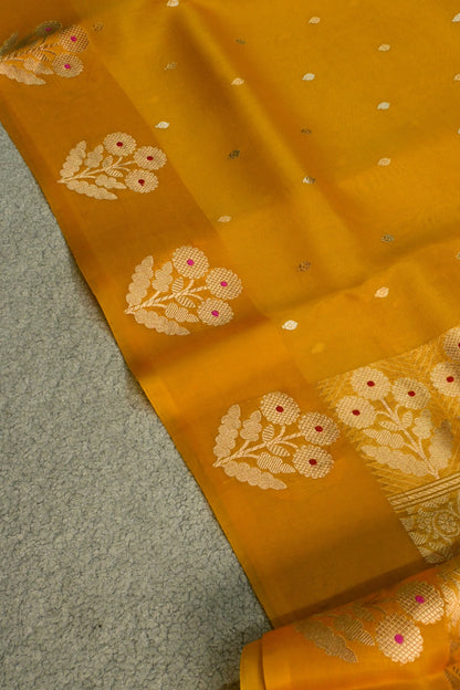 The yellow Mustard Guldasta Kora Organza Silk Saree