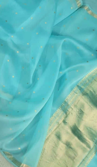 Sky Blue Pure Kora Organza Handloom Saree with Gold Zari work