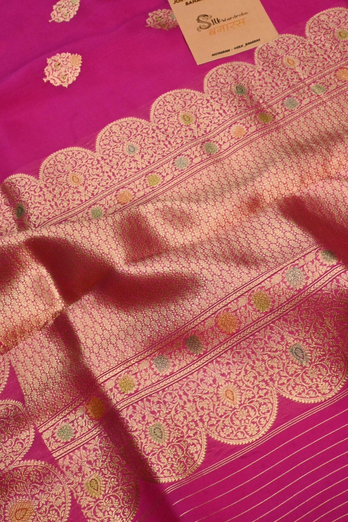 Pure Kora Silk Saree in the Pink with Gold Zari & Minakari Details