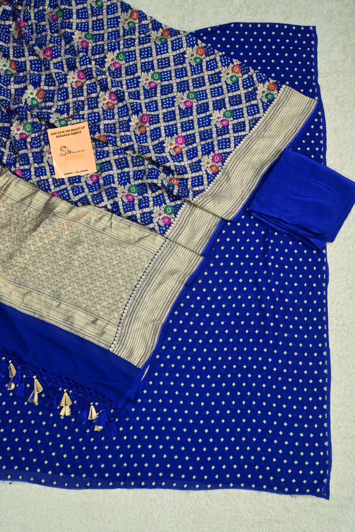 Royal Blue Handwoven Pure Khaddi Georgette Unstitched Suit Set with Bandhani & Meenakari Dupatta | Gold Zari Weaving