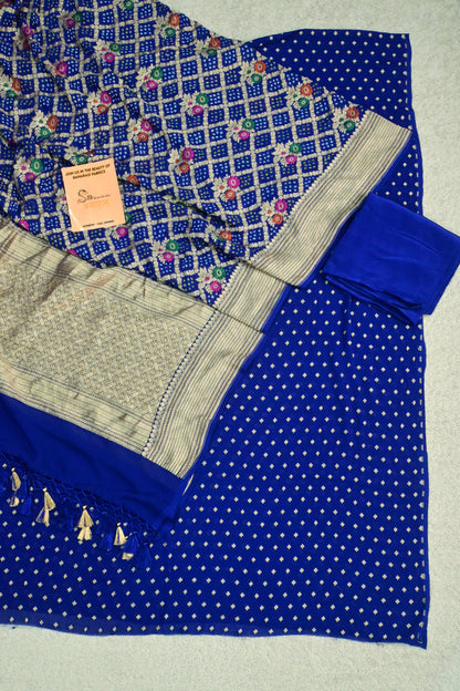 Royal Blue Handwoven Pure Khaddi Georgette Unstitched Suit Set with Bandhani & Meenakari Dupatta | Gold Zari Weaving