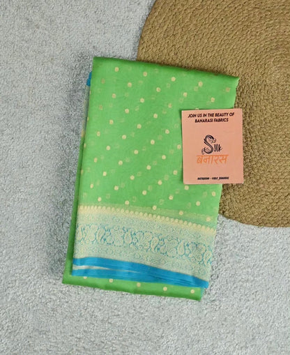 Pure Kora Organza Silk Saree – Bright Green & Aqua Blue