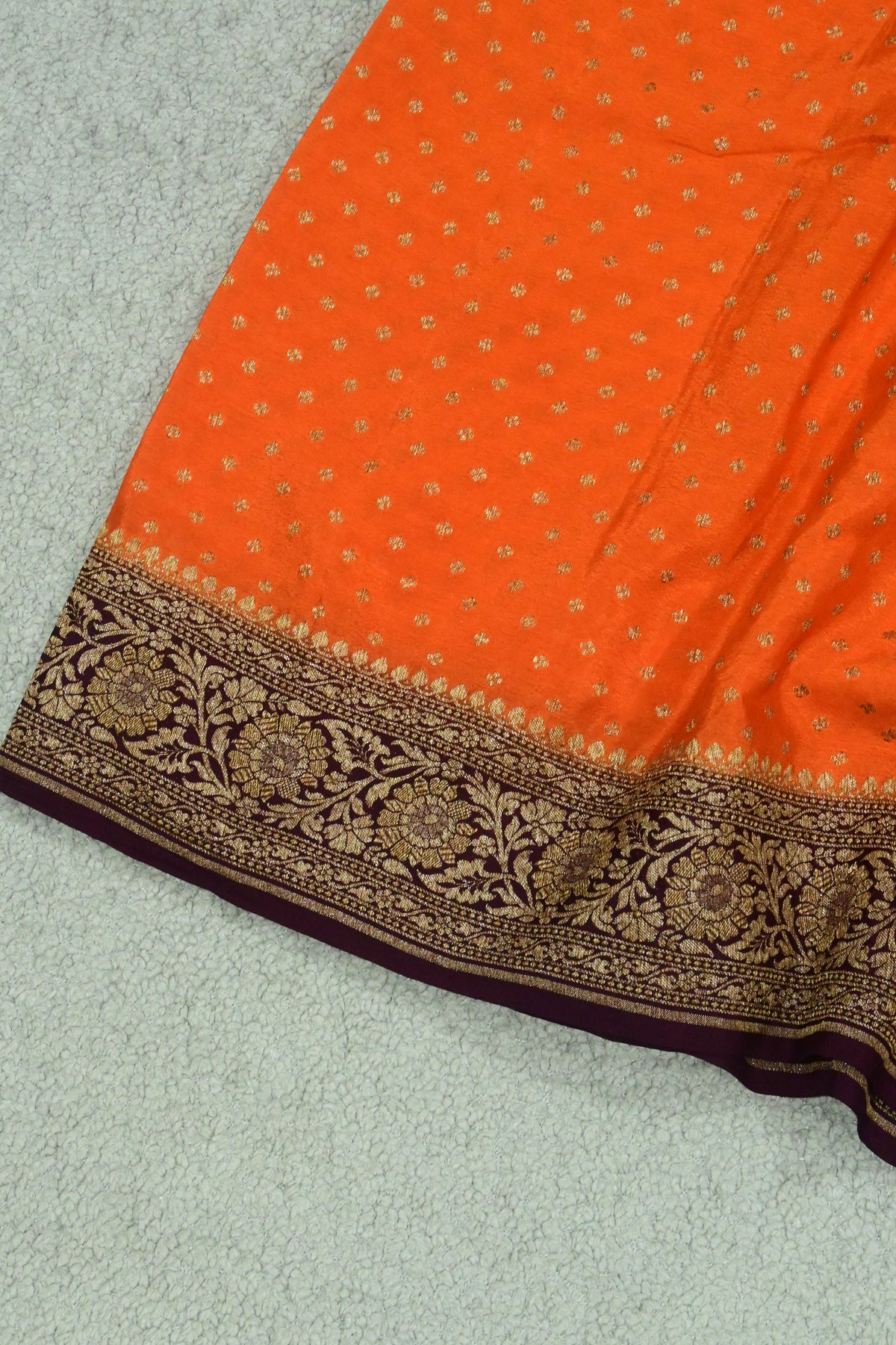 Handwoven Crepe Georgette Banarasi Saree in Tangerine Orange & Wine with Antique Zari