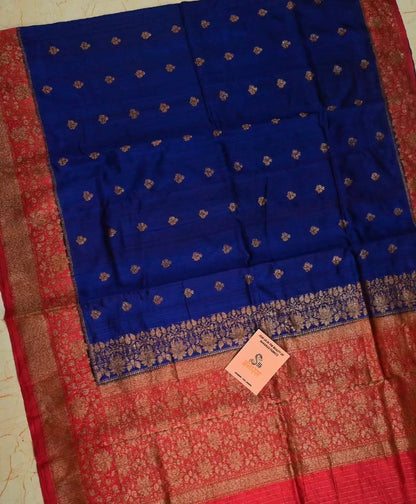 Royal Blue & Crimson Red Handloom Pure Raw Silk Banarasi Saree with Antique Zari