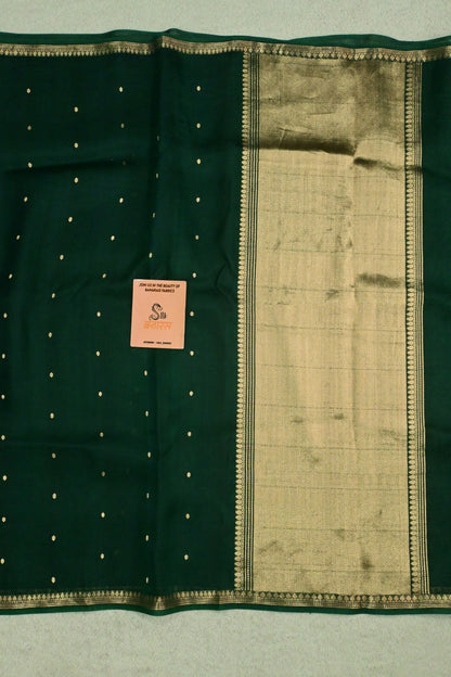 Beautiful Bottle Green Handwoven Kora organza Silk Saree
