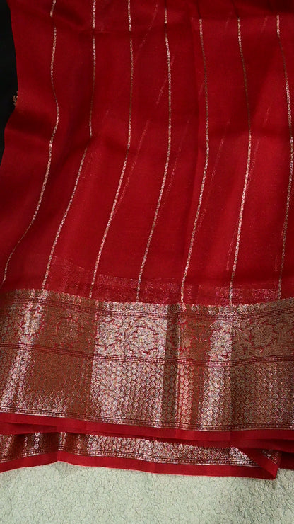 Handwoven Pure Kora Silk Saree in Black & Crimson Red