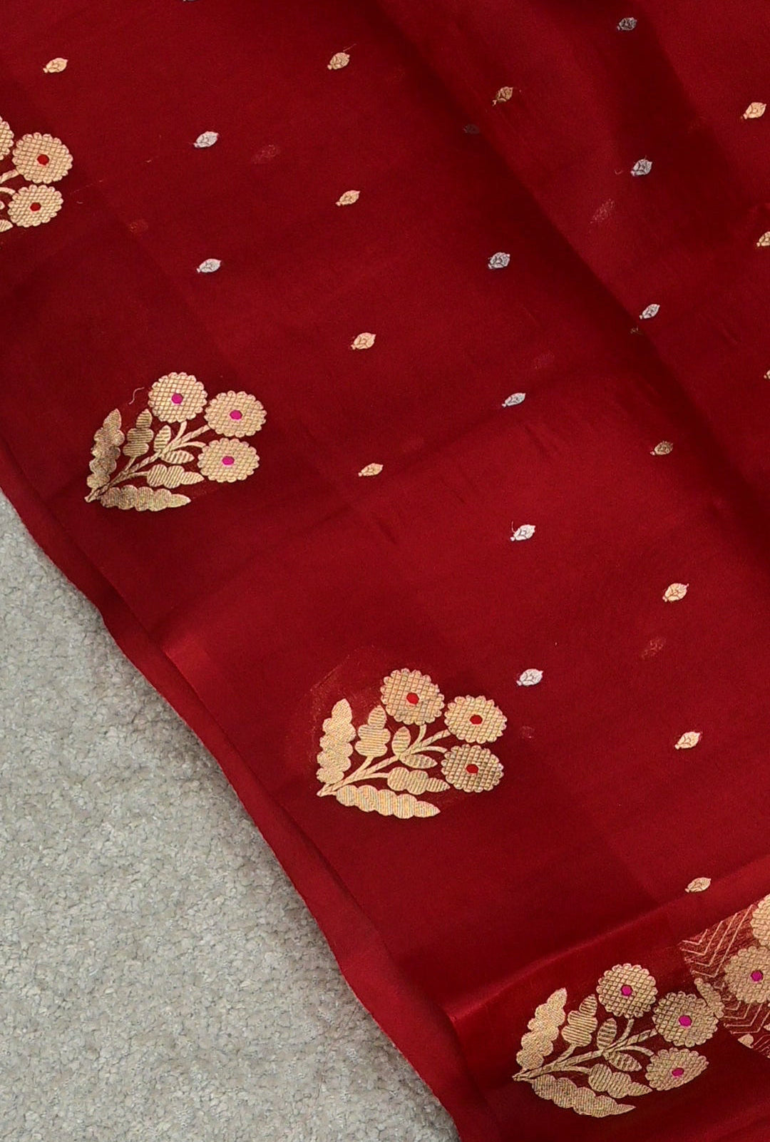 Handloom Red Pure Kora Silk Saree with Gold Zari Weave