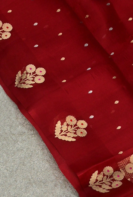 Handloom Red Pure Kora Silk Saree with Gold Zari Weave