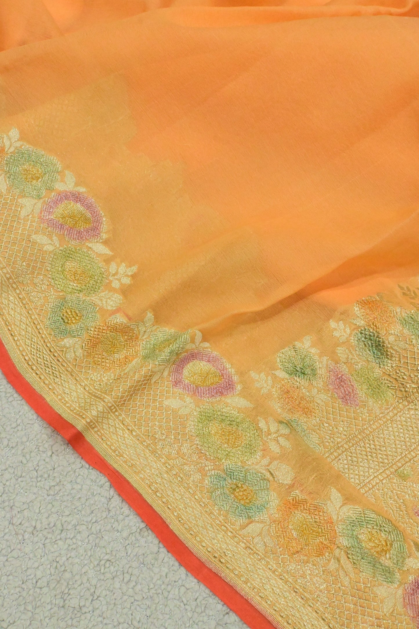 Handloom Pure Khaddi Georgette Saree in Platinum Zari & Hand-Brushed Meenakari Border