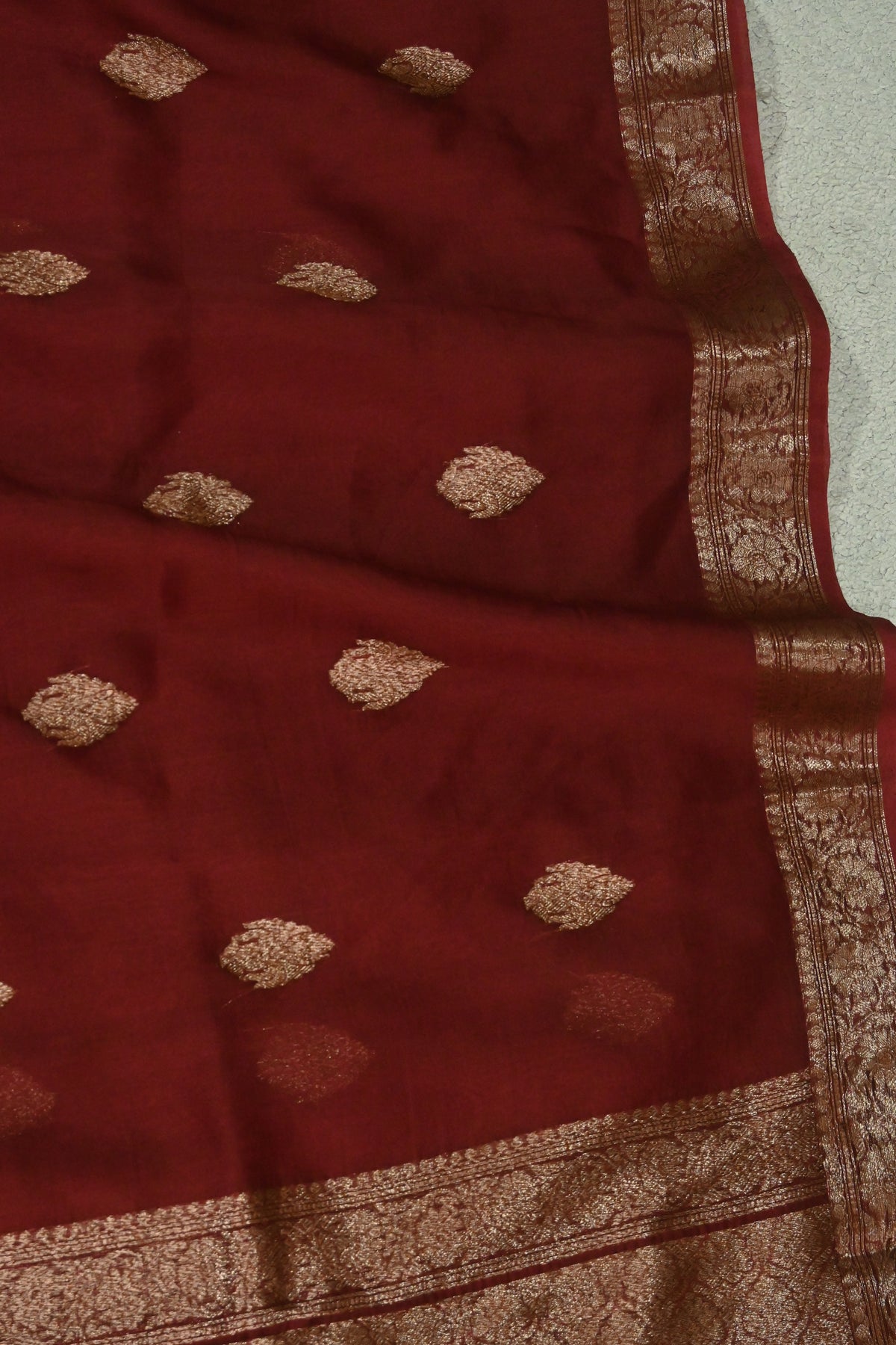 Handcrafted Maroon Pure Kora Organza Silk Saree with Antique Zari Work