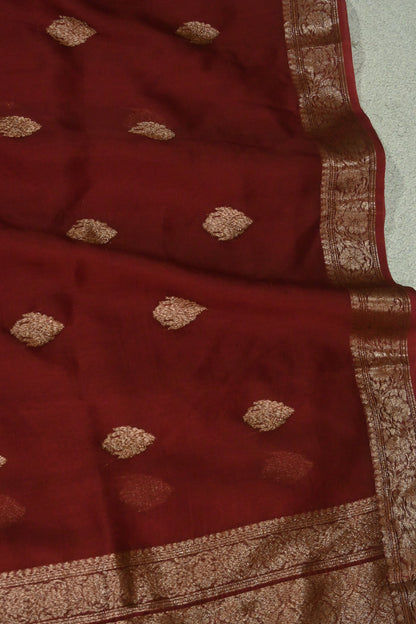 Handcrafted Maroon Pure Kora Organza Silk Saree with Antique Zari Work