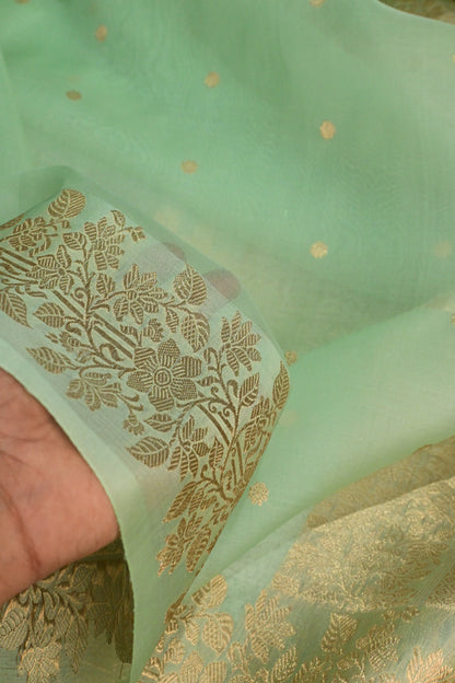 Pure Banarasi Kora Silk Saree in Pastel mint Green with Floral Zari Border