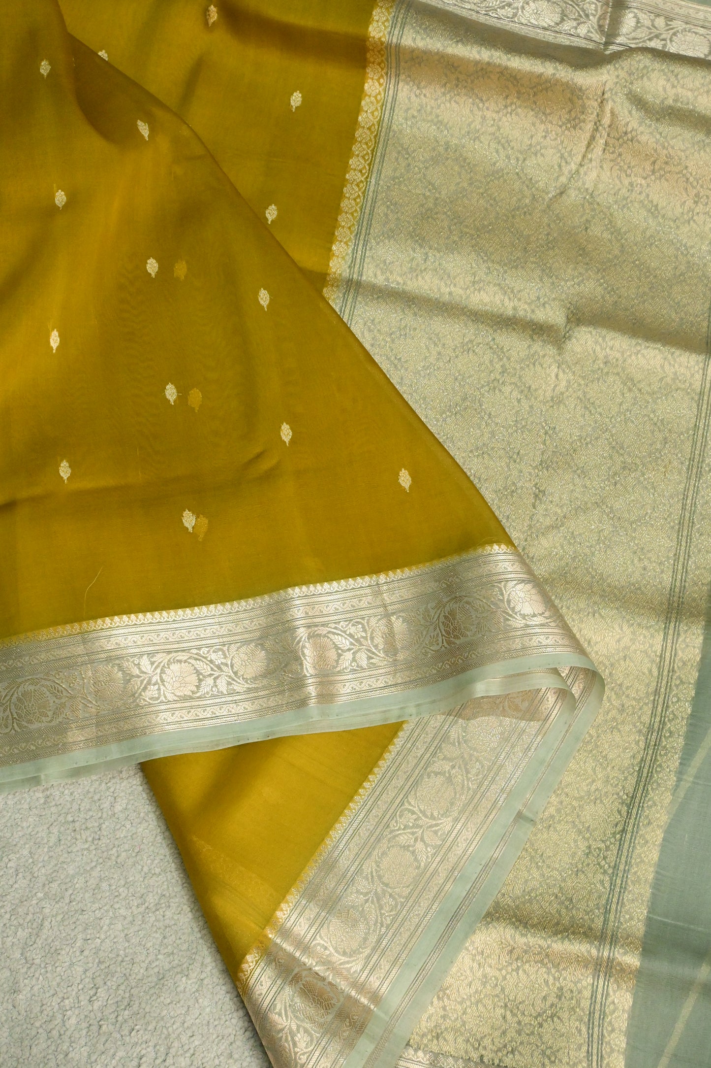 Pure Kora Organza Handloom Saree in Warm Mustard and Mint Green Border