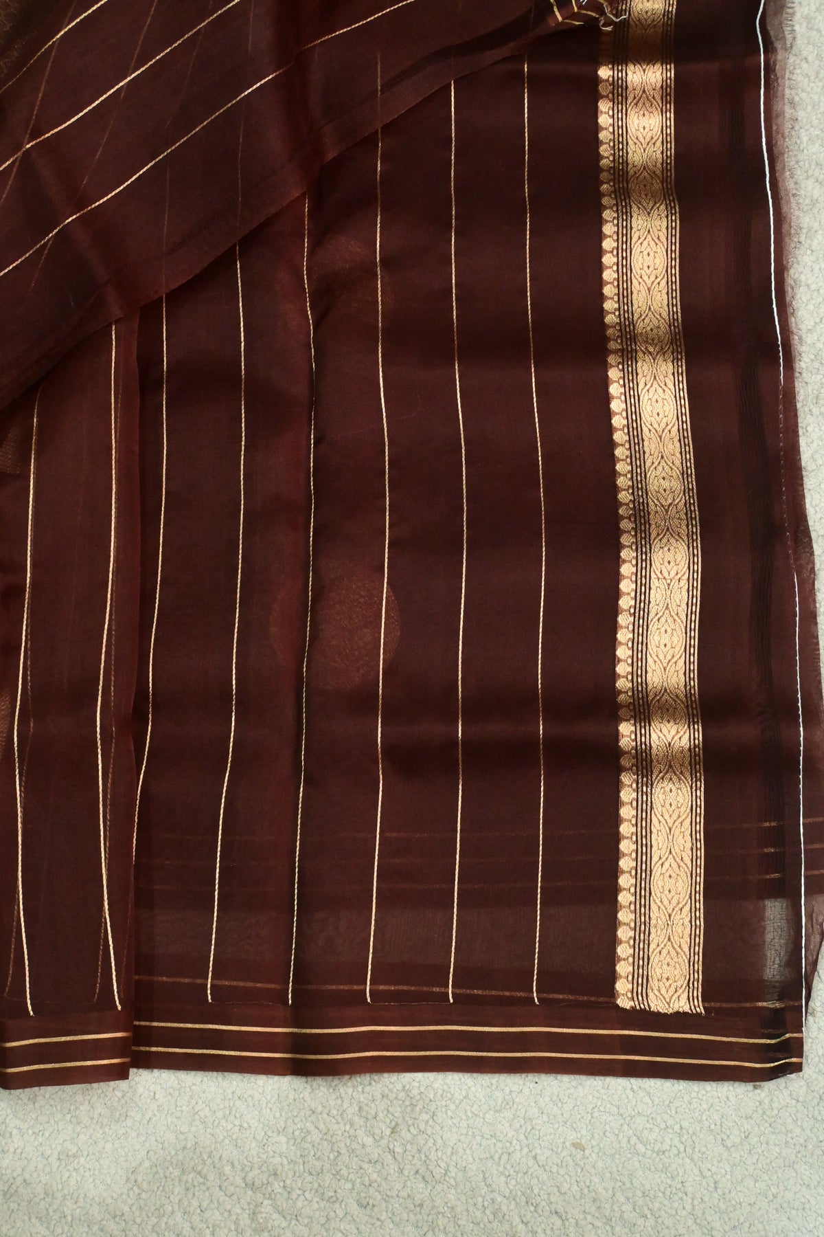 Deep Chocolate Brown Pure Kora Silk Saree with Golden Zari Polka Dots