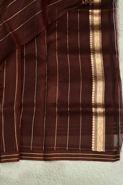 Deep Chocolate Brown Pure Kora Silk Saree with Golden Zari Polka Dots