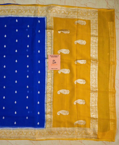 Handwoven Pure Khaddi Chiffon Saree in Royal Blue & Mustard Yellow with Silver Zari