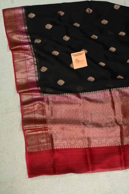 Handwoven Pure Kora Silk Saree in Black & Crimson Red