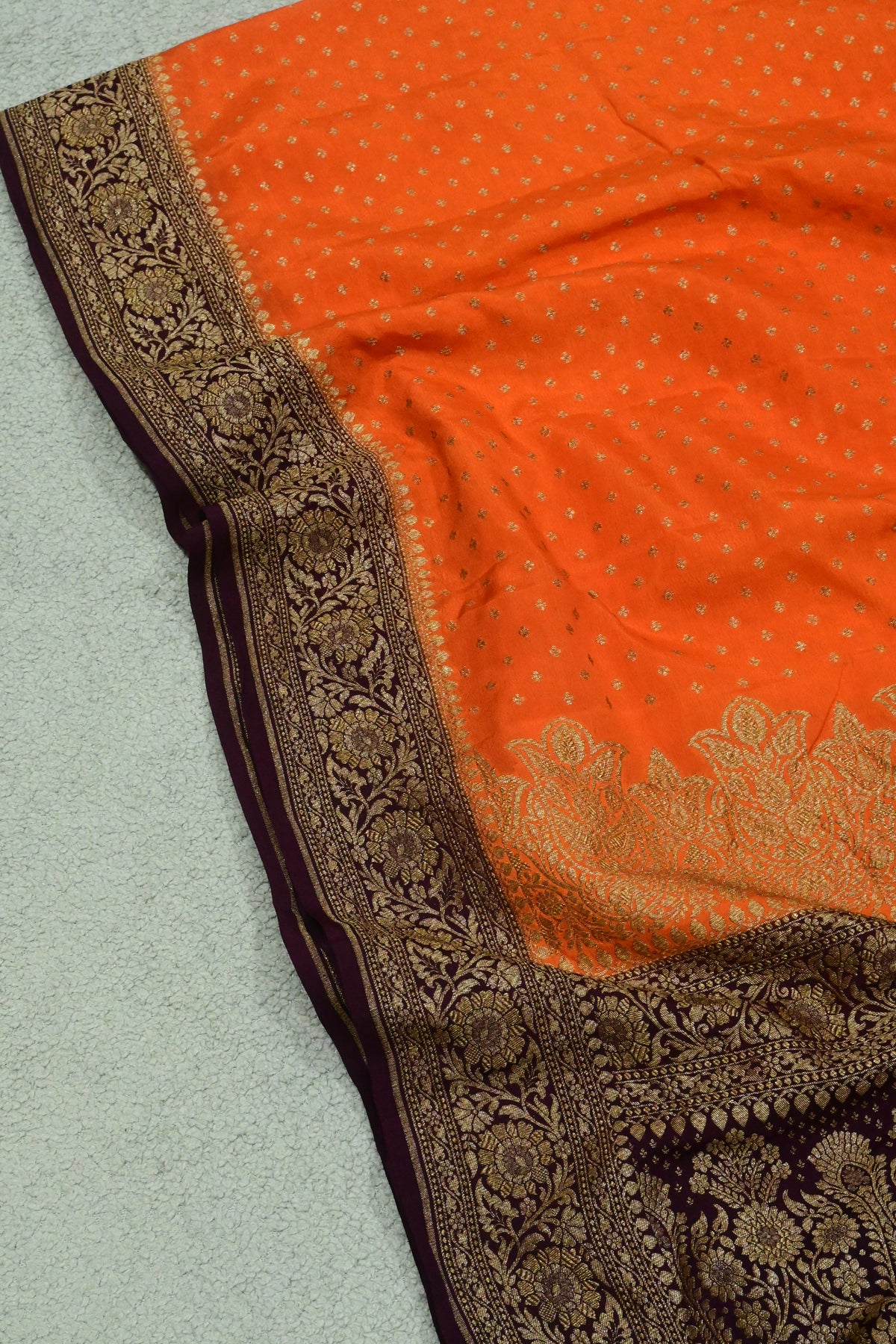 Handwoven Crepe Georgette Banarasi Saree in Tangerine Orange & Wine with Antique Zari