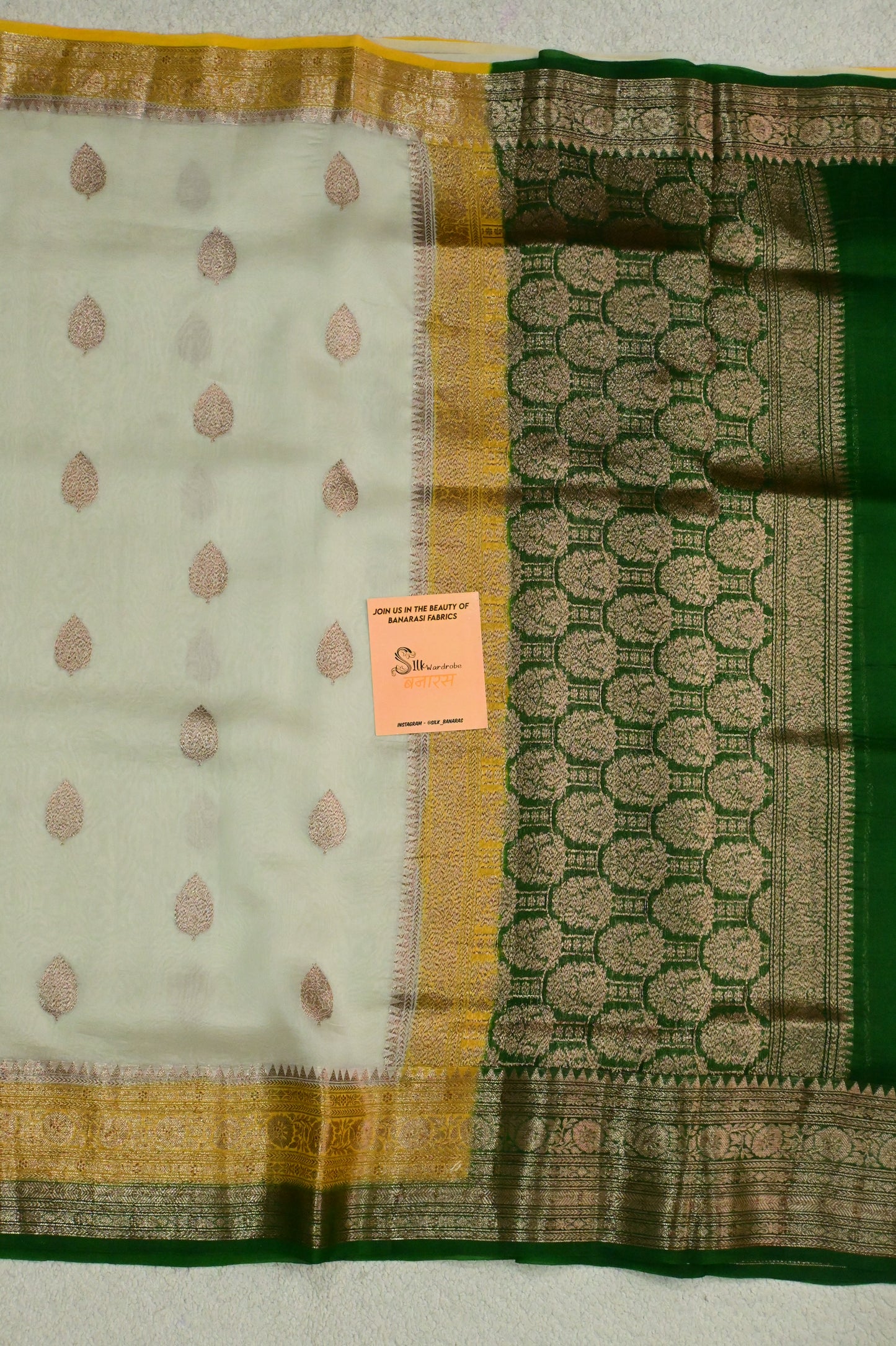 Classic Off-White Pure Organza Silk Saree with Golden-Green Antique Zari Borders
