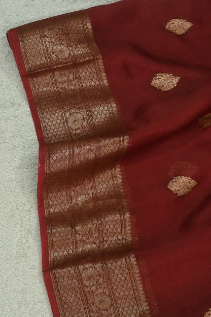 Handcrafted Maroon Pure Kora Organza Silk Saree with Antique Zari Work