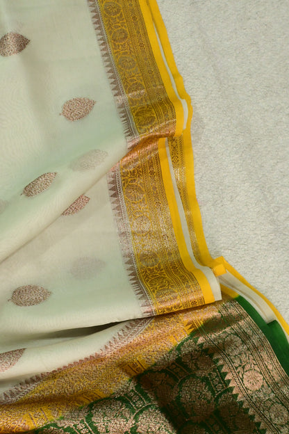 Classic Off-White Pure Organza Silk Saree with Golden-Green Antique Zari Borders