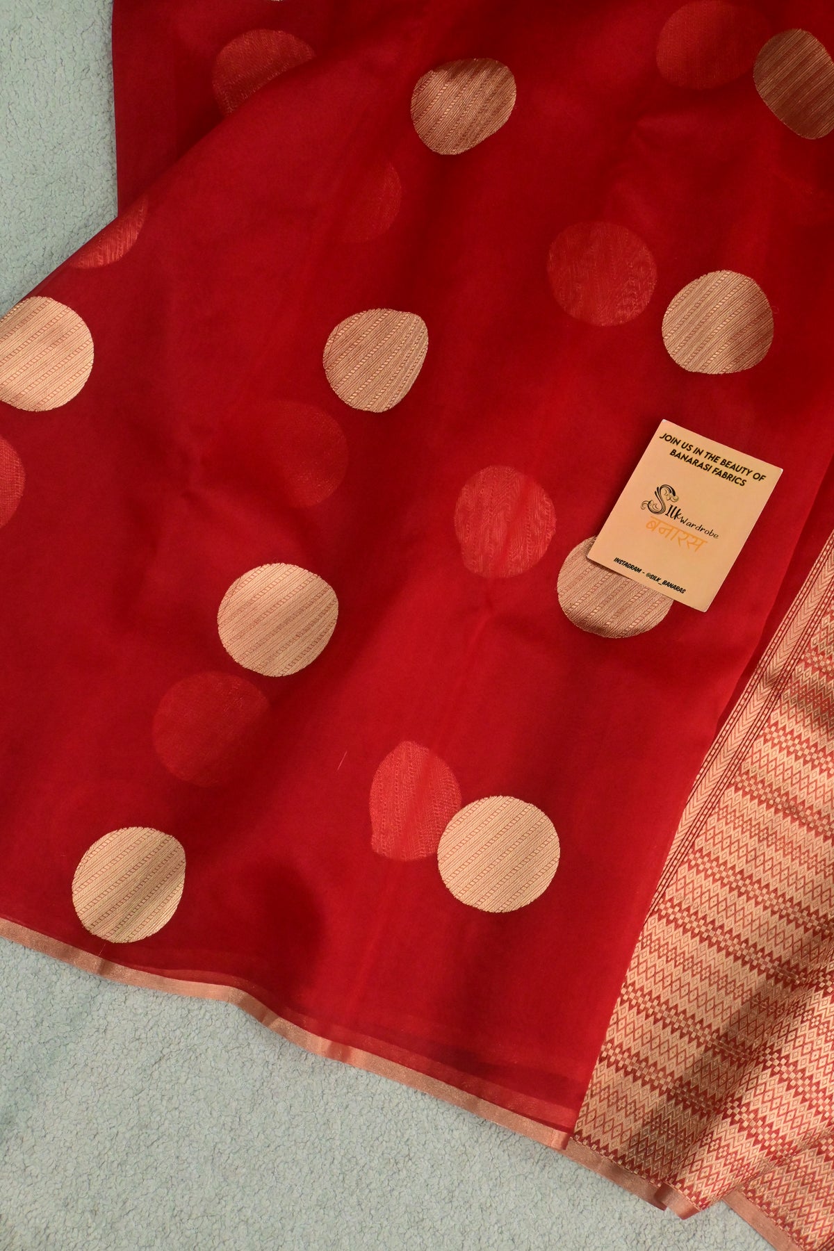 Handloom Pure Kora Silk Banarasi Saree in Red with Gold Zari Polka Dots