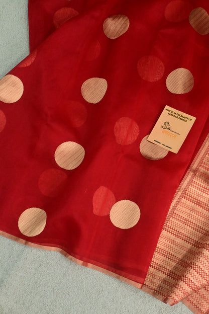 Handloom Pure Kora Silk Banarasi Saree in Red with Gold Zari Polka Dots