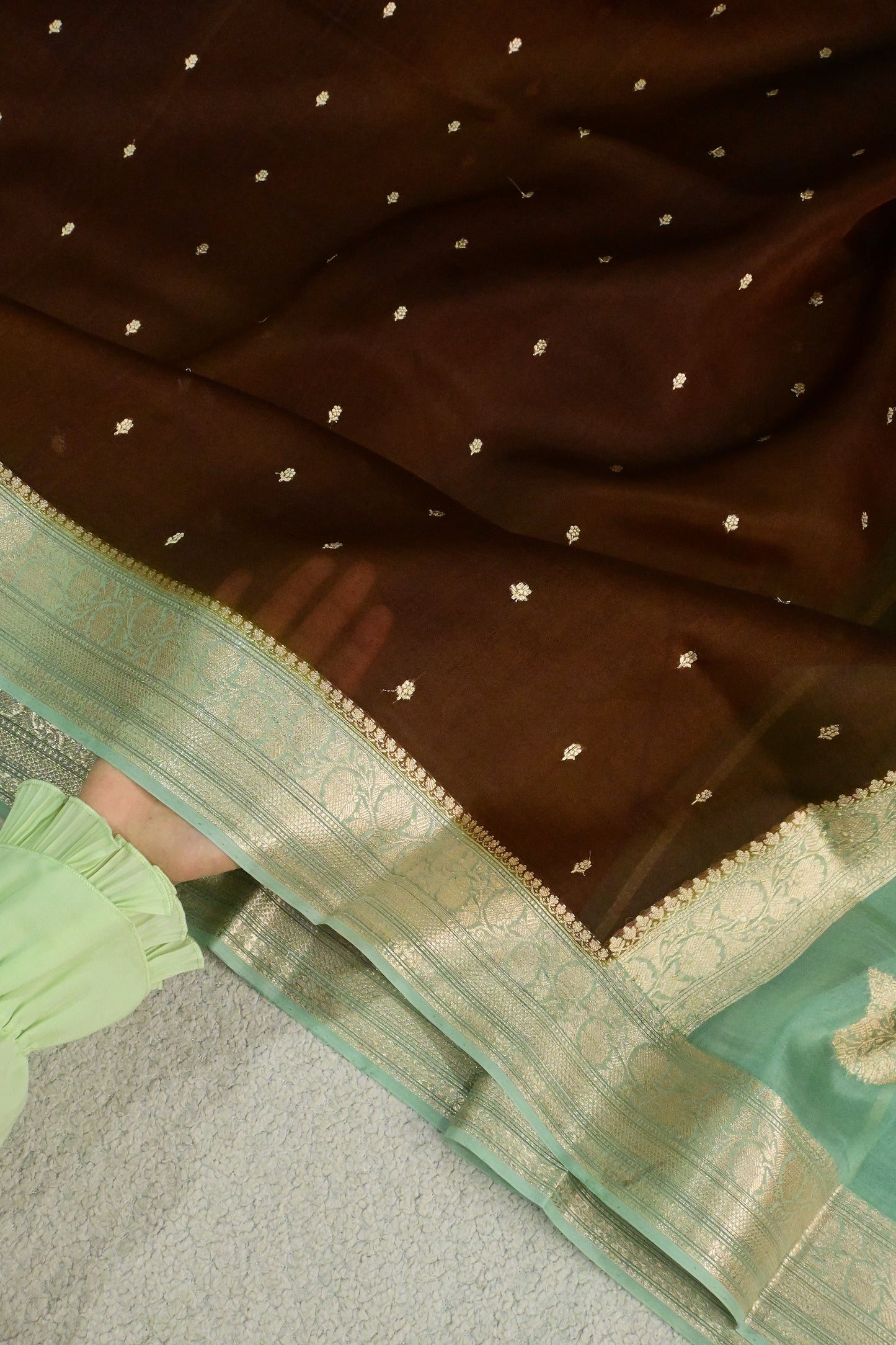 Chocolate Brown & Mint Green Handwoven Pure Kora Organza Silk Saree