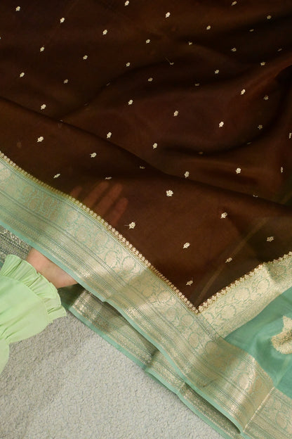Chocolate Brown & Mint Green Handwoven Pure Kora Organza Silk Saree