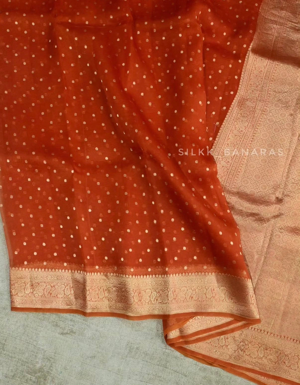 Rust Handloom Pure Kora Organza Banarasi Saree with Zari Buti