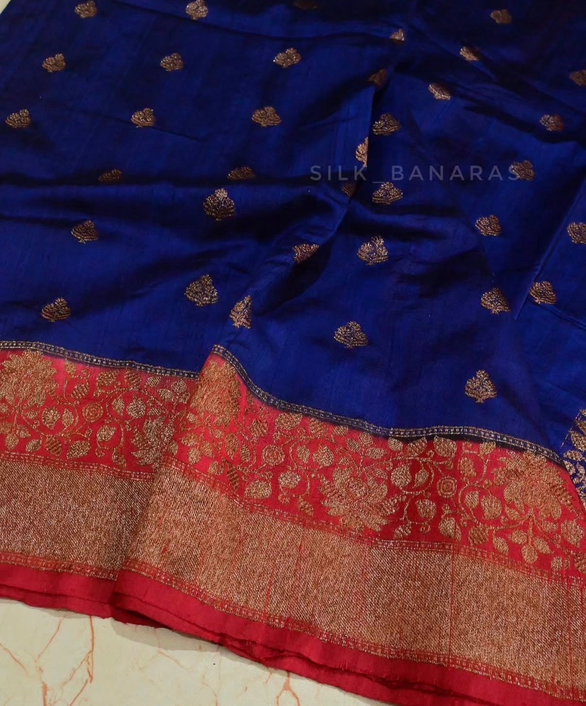 Royal Blue & Crimson Red Handloom Pure Raw Silk Banarasi Saree with Antique Zari