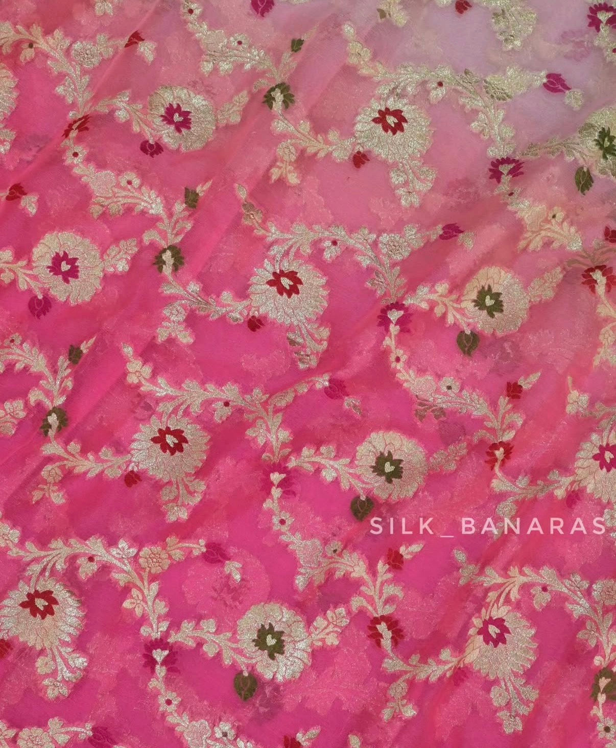 Handwoven Pure Khaddi Georgette Banarasi Saree in Ombre Pink with Zari Minakari Jaal Work