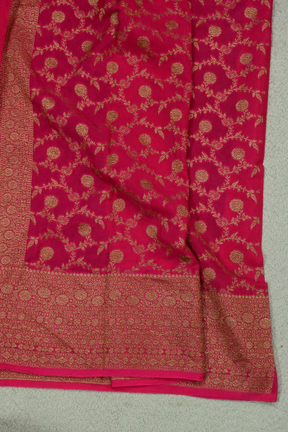 Handwoven Emerald Green & Rani Pink Pure Crepe Georgette Banarasi Saree with Antique Zari