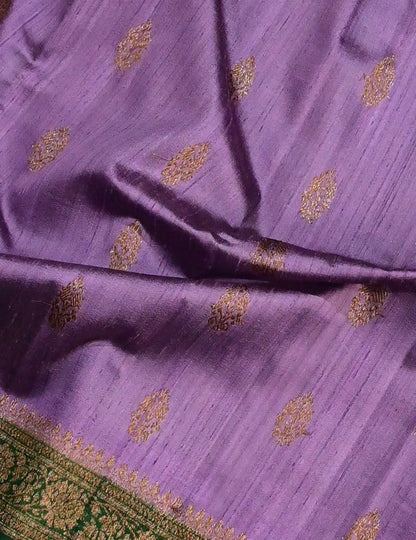 Handloom Pure Raw Silk Saree in Lavender with Emerald Green Antique Zari Border