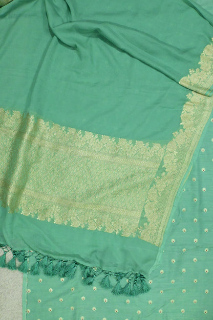 Handwoven Pure Khaddi Georgette Banarasi Unstitched Suit Set with Zari Weave – Sea Green