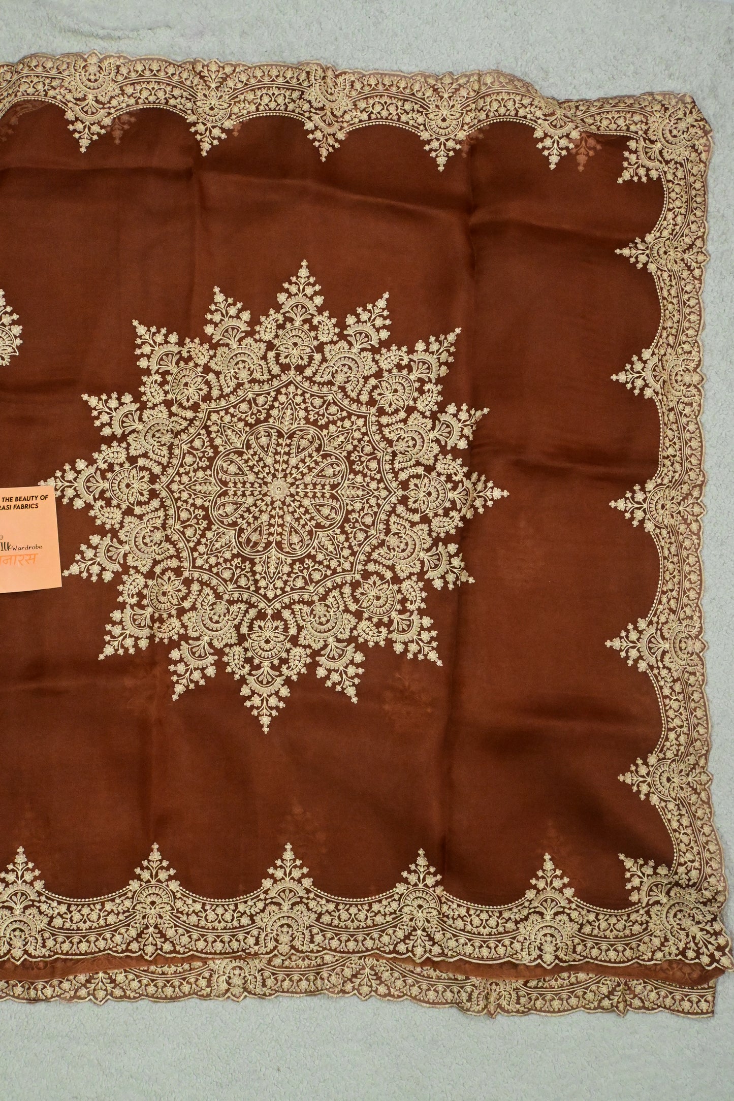 Rust Brown Handwoven Pure Organza Saree with Intricate Gold Embroidery & Scalloped Cutwork Border