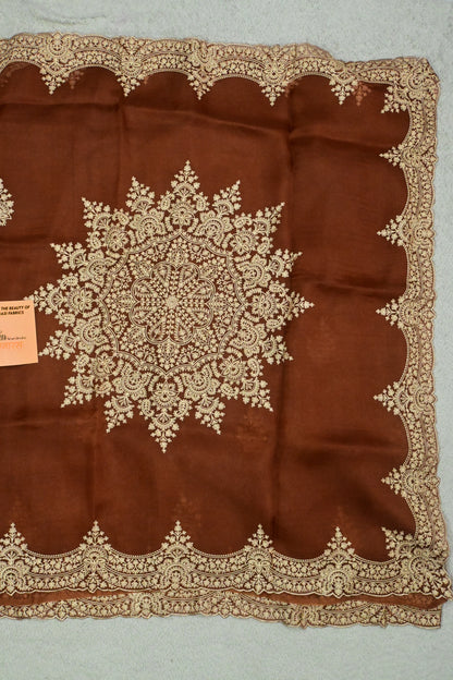 Rust Brown Handwoven Pure Organza Saree with Intricate Gold Embroidery & Scalloped Cutwork Border