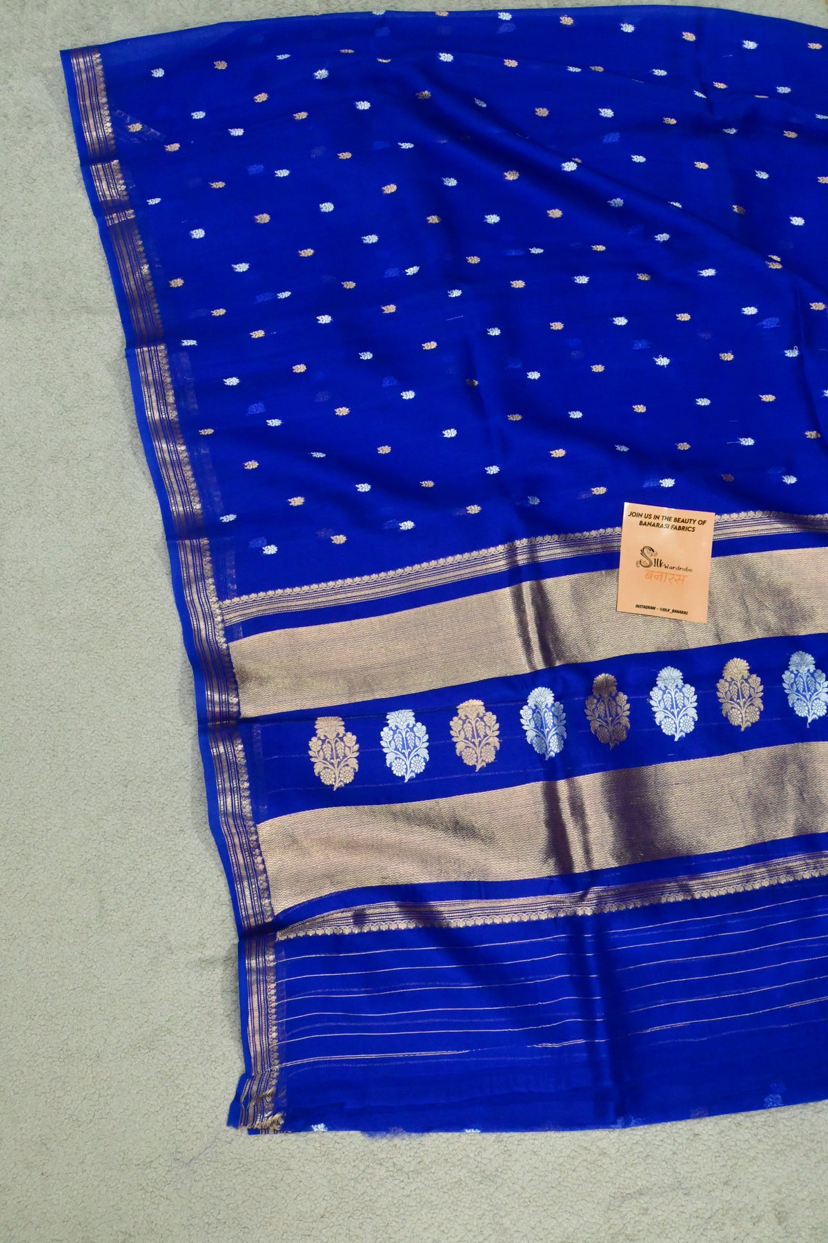Royal Blue Handwoven Pure Kora Silk Saree with Gold & Silver Zari Butta