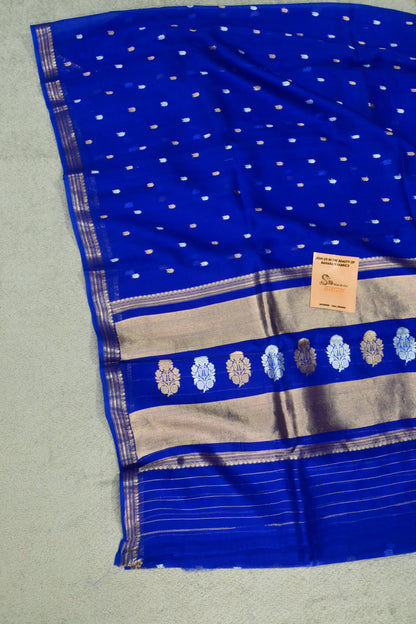 Royal Blue Handwoven Pure Kora Silk Saree with Gold & Silver Zari Butta
