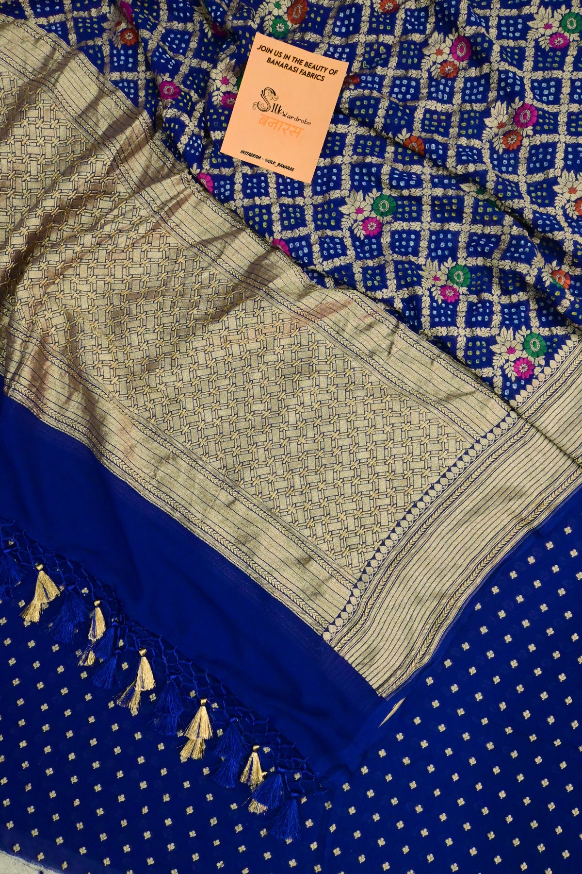 Royal Blue Handwoven Pure Khaddi Georgette Unstitched Suit Set with Bandhani & Meenakari Dupatta | Gold Zari Weaving