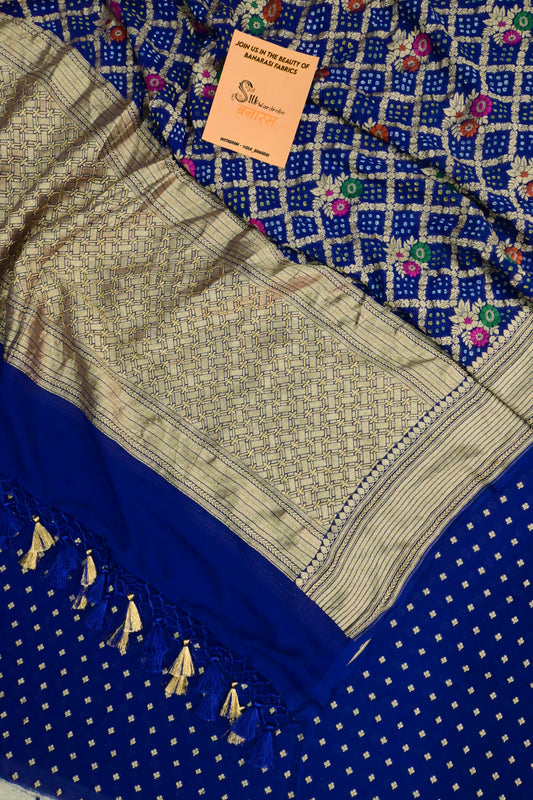 Royal Blue Handwoven Pure Khaddi Georgette Unstitched Suit Set with Bandhani & Meenakari Dupatta | Gold Zari Weaving