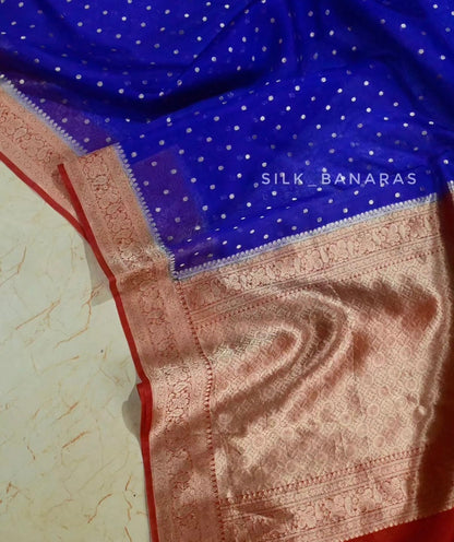 Pure Organza Silk Saree – Royal Blue & Crimson Red