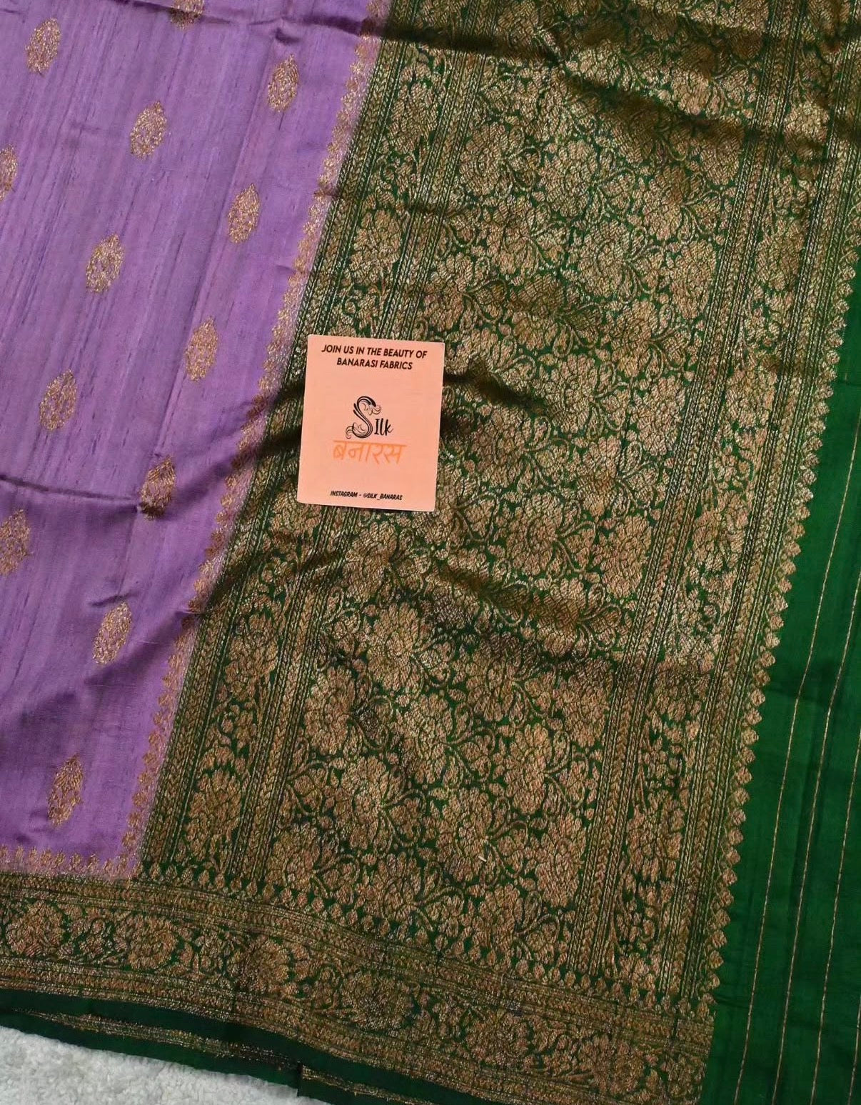 Handloom Pure Raw Silk Saree in Lavender with Emerald Green Antique Zari Border