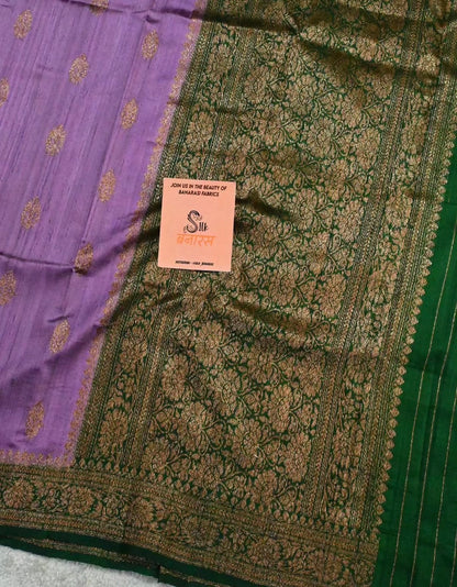 Handloom Pure Raw Silk Saree in Lavender with Emerald Green Antique Zari Border