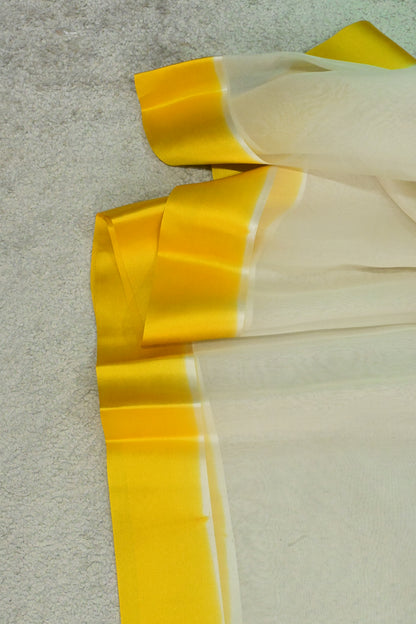 Handloom Pure Kora Organza Saree in Off-White with Vibrant Yellow Satin Border