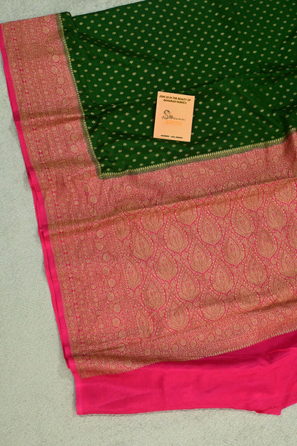 Handwoven Emerald Green & Rani Pink Pure Crepe Georgette Banarasi Saree with Antique Zari