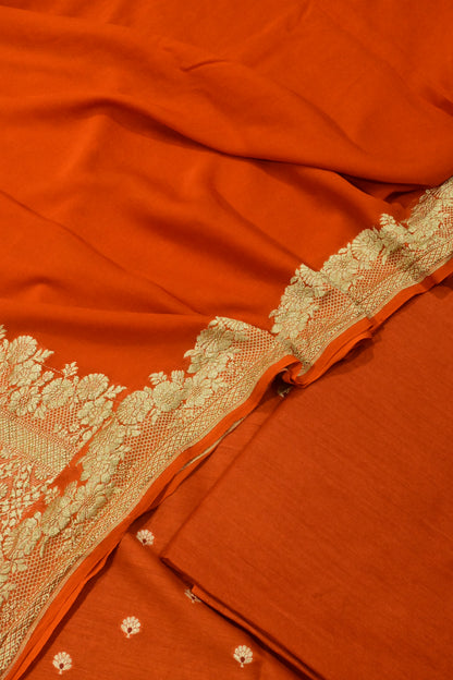 Rust Orange Handwoven Pure Khaddi Georgette Banarasi Suit Set with Gold Zari