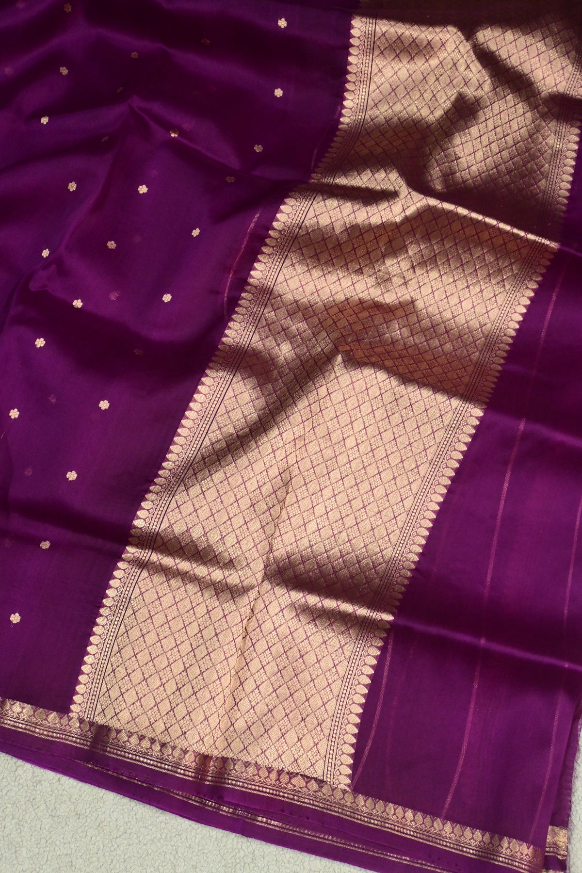 Regal Plum Handloom Kora Silk Saree with Gold Zari Weave