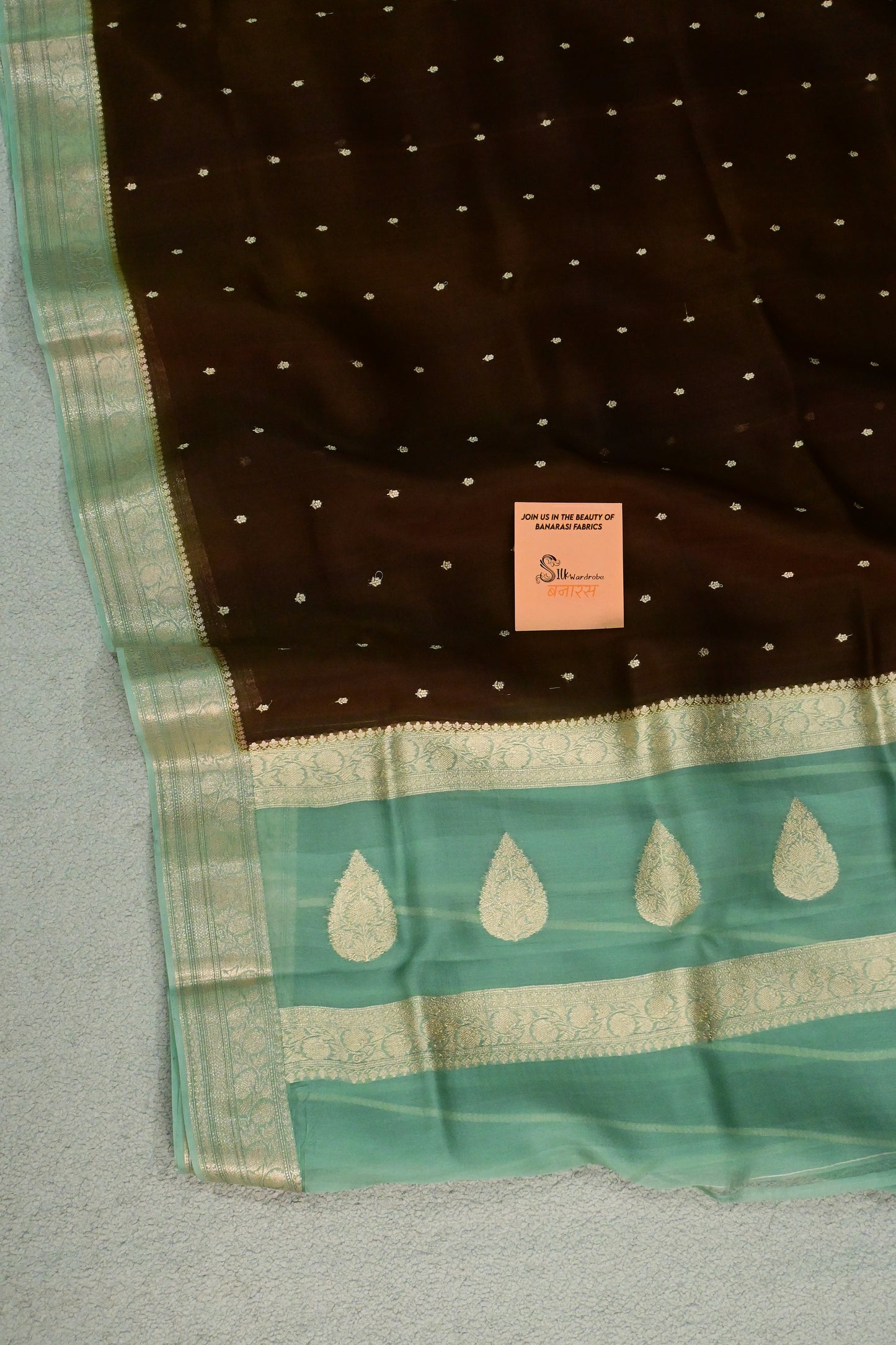 Chocolate Brown & Mint Green Handwoven Pure Kora Organza Silk Saree